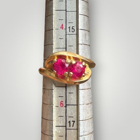 14K Yellow Gold Two Stone Ruby and Diamond Bypass Ring  Vintage Solid 14K Gold Double Ruby Bypass Ring Size 5-2.7g
